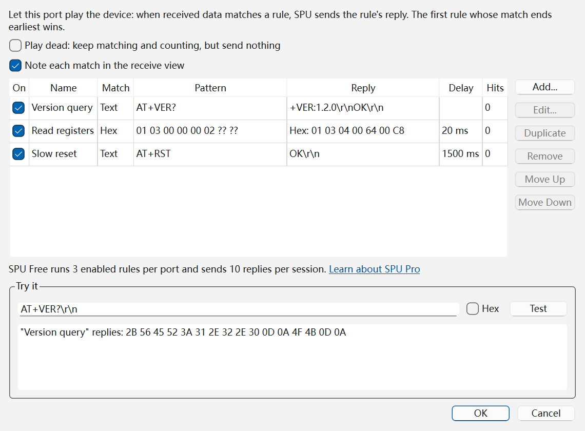 The Auto Reply dialog for connection 1: the Play dead and Note each match in the receive view boxes above a rule table with three enabled rules -- Version query, a Text rule matching AT+VER? and replying +VER:1.2.0\r\nOK\r\n; Read registers, a Hex rule matching 01 03 00 00 00 02 ?? ?? and replying Hex: 01 03 04 00 64 00 C8 after 20 ms; and Slow reset, a Text rule matching AT+RST that replies OK\r\n after 1500 ms -- with Add, Edit, Duplicate, Remove, Move Up and Move Down buttons beside it, and below it the Try it box with AT+VER?\r\n typed in and the result line saying that Version query replies with its bytes