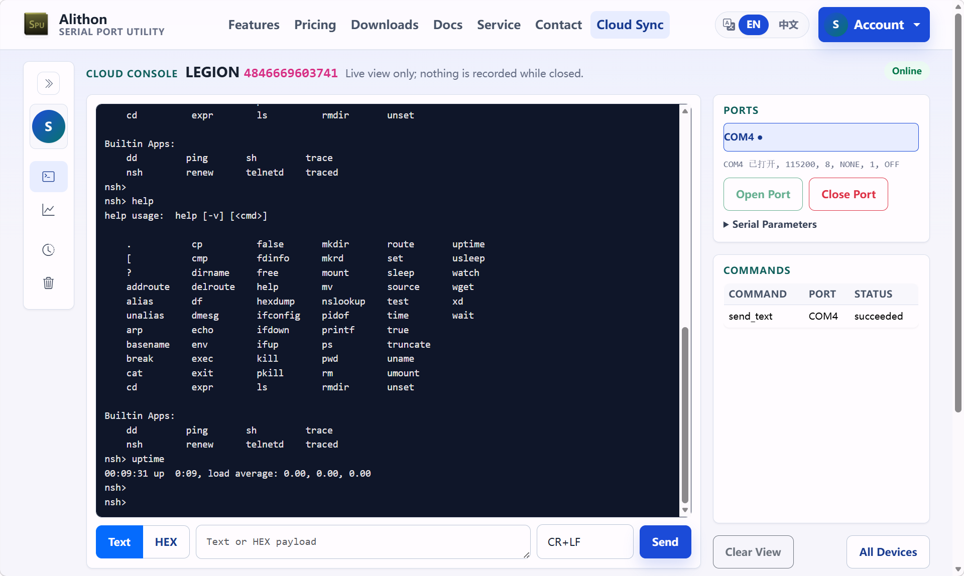 Cloud Console device page with the live log and send area on the left and port and command panels on the right