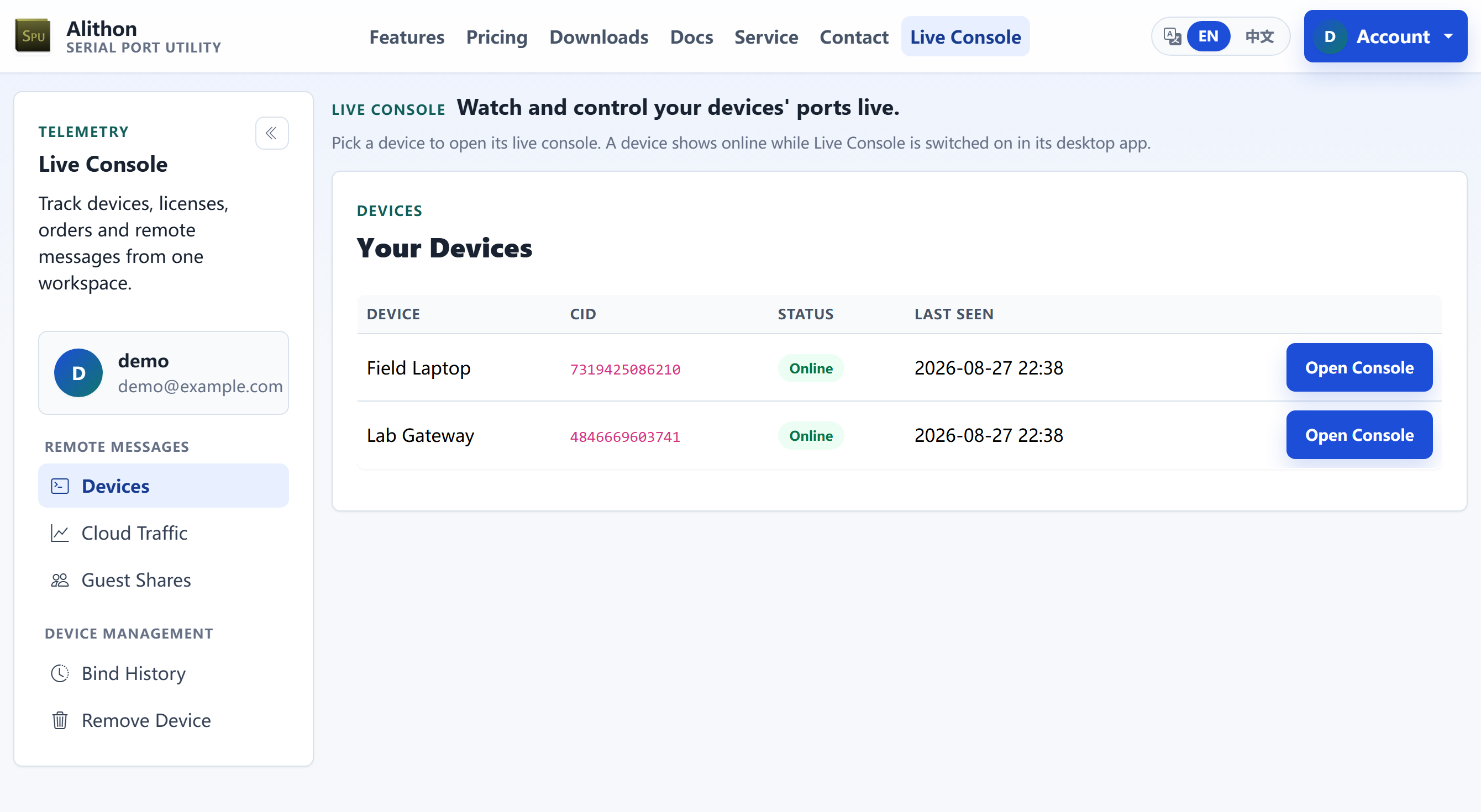 The Live Console Devices page, with a Your Devices table listing two bound devices by device, CID, status and last seen -- BENCH-3 online, LAB-LAPTOP offline -- and an Open Console button on each row