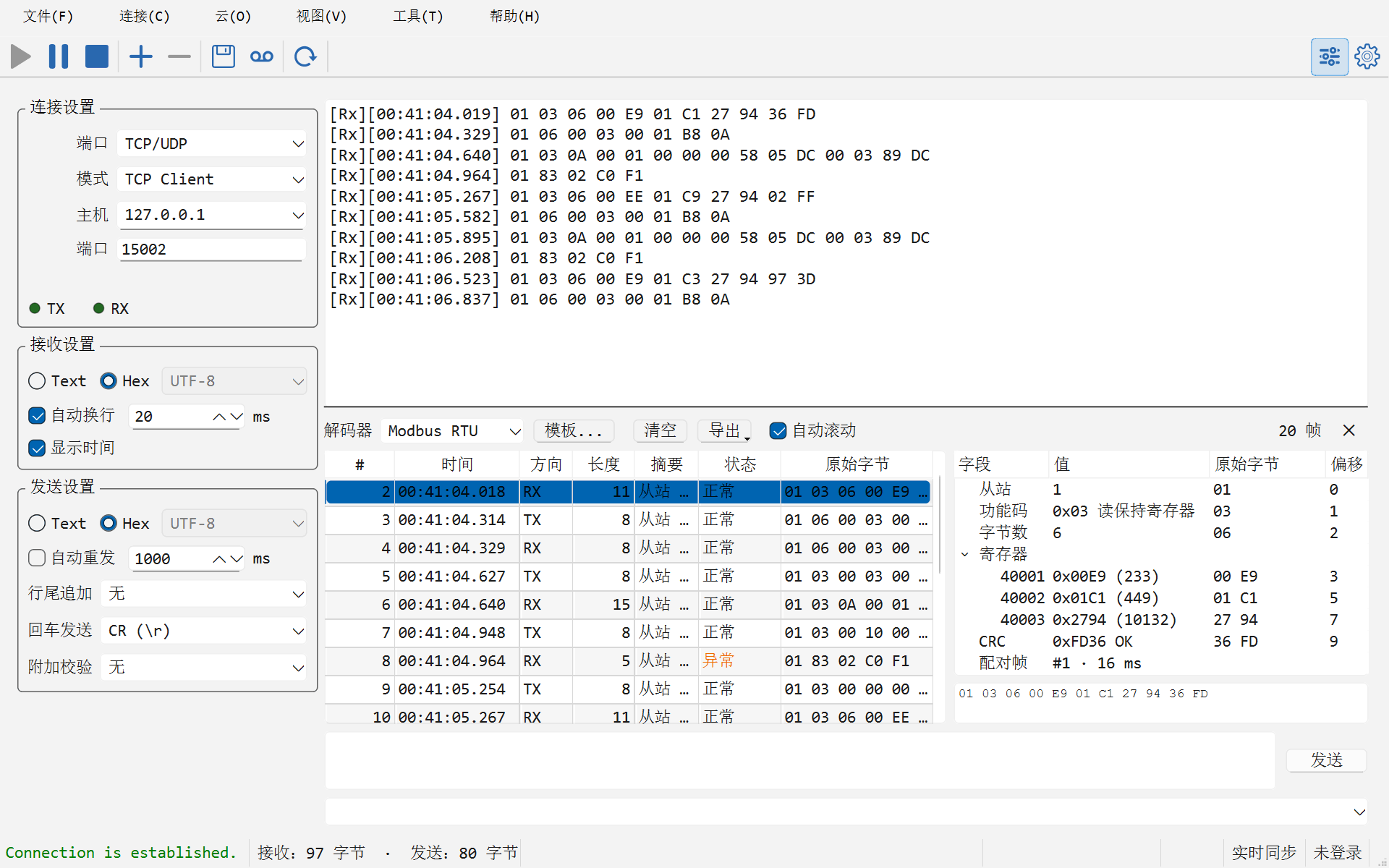 主窗口中的 TCP 连接，接收区以 Hex 显示。下方是协议解码面板，解码器为 Modbus RTU，共 20 帧：帧表里是从站 1 的发送请求与接收响应，除一行异常外状态都是正常。选中了一条读响应，右侧字段树列出从站 1、功能码 0x03、字节数 6、寄存器 40001、40002、40003 及其数值、CRC 正常以及与之配对的帧，下方是这一帧的十六进制条