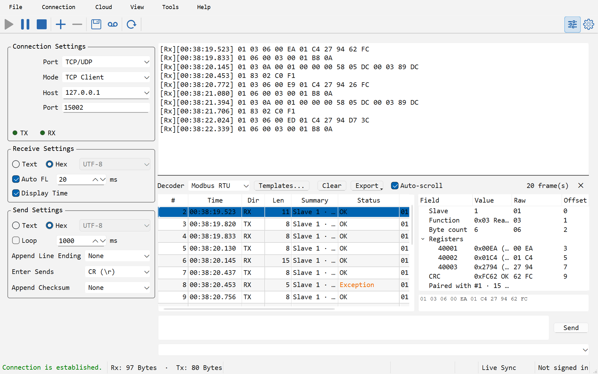 The main window on a TCP connection with the receive view in Hex. Under it the Protocol Decode panel, Decoder set to Modbus RTU and 20 frame(s) counted: a frame table of TX requests and RX responses from slave 1, all OK except one Exception row. A read response is selected; the field tree on the right lists Slave 1, Function 0x03, Byte count 6, the registers 40001, 40002 and 40003 with their values, CRC OK and the frame it is paired with, above the frame's hex strip