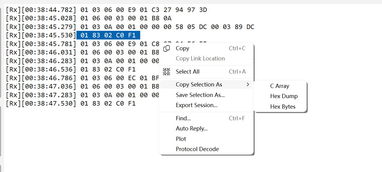 The receive view in Hex with a Modbus reply selected, and its context menu open on Copy Selection As, with its C Array, Hex Dump and Hex Bytes submenu