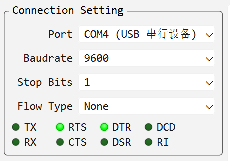 TX/RX activity lamps and the six control-line lamps in the Connection Settings group
