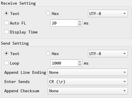 The encoding selector right of Text/Hex in the Receive Setting and Send Setting groups