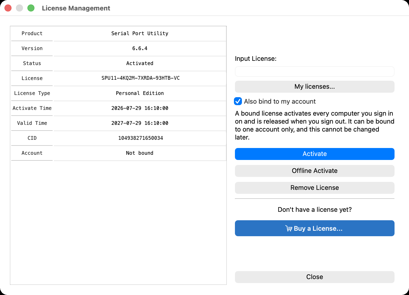 The desktop License Management dialog: a table of product, version, status, license key, type, activation and expiry dates, CID and an Account row reading Not bound, beside an Input License field, a My licenses button, a ticked Also bind to my account box explaining that a bound license activates every computer you sign in on and can be bound to one account only, and Activate, Offline Activate and Remove License buttons
