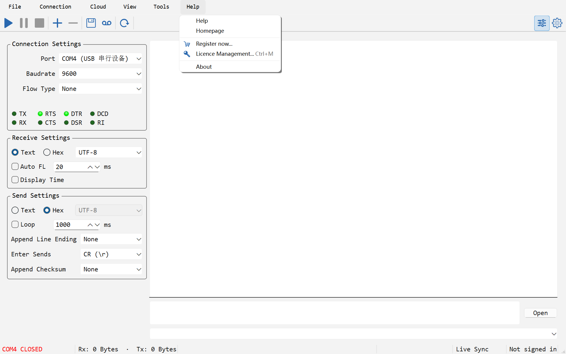 The Serial Port Utility main window with the Help menu open: Help, Homepage, Register now..., Licence Management... Ctrl+M and About; the status bar's bottom-right corner reads Live Sync and Not signed in