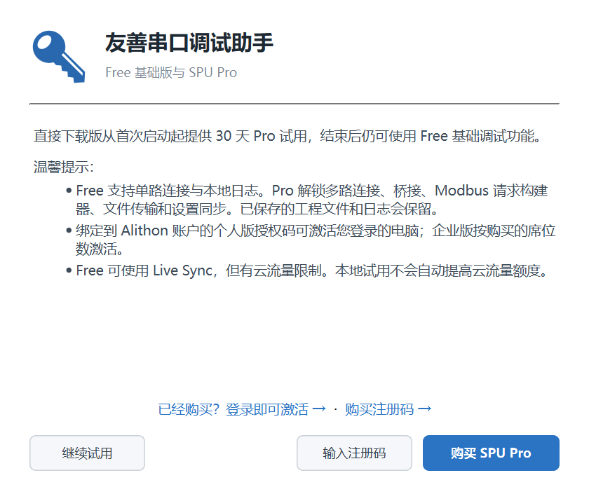 「Free 基础版与 SPU Pro」窗口：说明直接下载版含 30 天 Pro 试用、Free 与 Pro 的功能差异、绑定账户的授权码激活登录的电脑、Live Sync 在 Free 可用；下方是「已经购买？登录即可激活」与「购买注册码」链接，以及继续试用、输入注册码、购买 SPU Pro 三个按钮