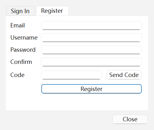 The Register tab of the Account dialog: Email, Username, Password, Confirm and Code fields, a Send Code button beside the code field, and a Register button