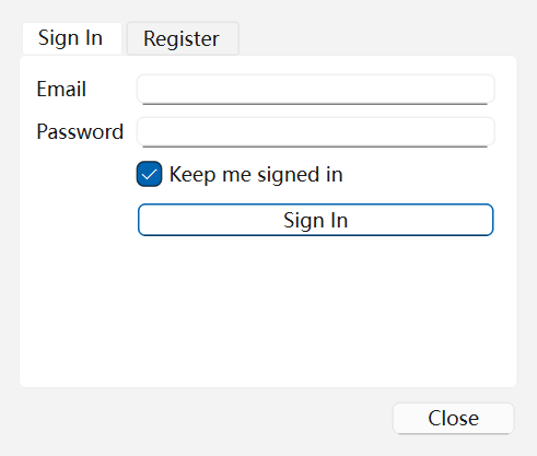 The Sign In tab of the Account dialog: Email and Password fields, a ticked Keep me signed in box and a Sign In button