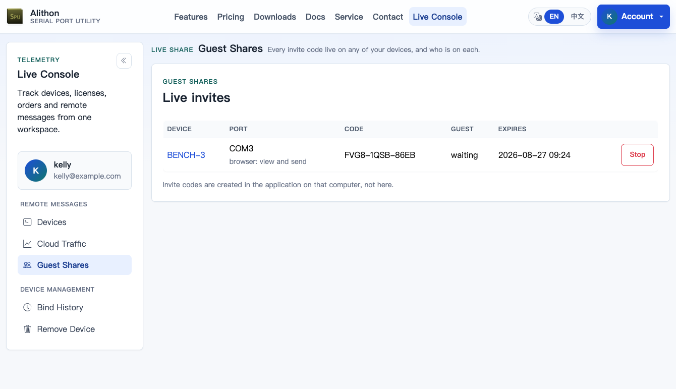 The Guest Shares page: a Live invites table listing one share by device, port with its browser level, code, guest column reading waiting, expiry, and a Stop button, under a note that invite codes are created in the application on that computer, not here