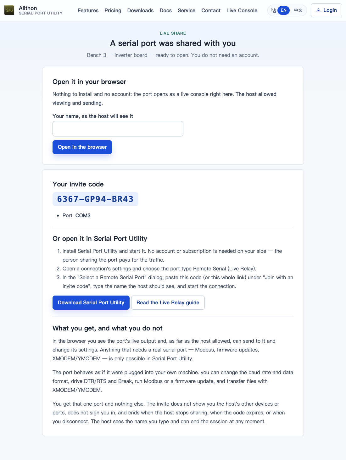 The invite landing page: a heading reading a serial port was shared with you above the share's label, an Open it in your browser card that says the host allowed viewing and sending and takes the guest's name, and below it the invite code, the port it names, the three steps for opening it in Serial Port Utility, and what a browser guest does and does not get
