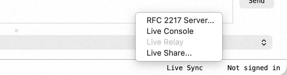 The menu the status bar's Live Sync cell opens, listing RFC 2217 Server..., Live Console, a greyed-out Live Relay and Live Share..., with the Live Sync cell and Not signed in visible in the status bar below it