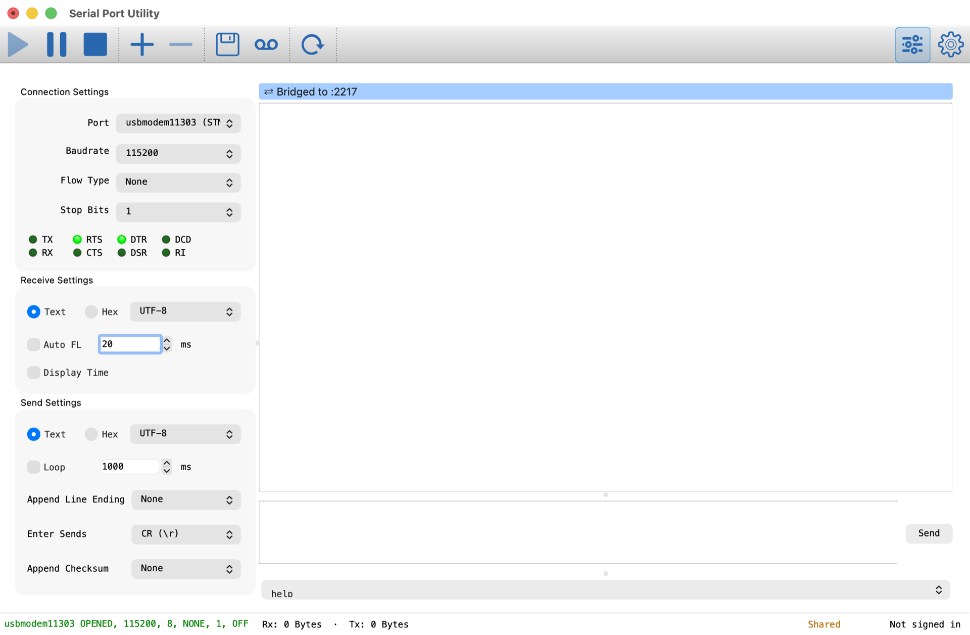 The workspace while the quick share runs: a pale blue Bridged to :2217 badge above the receive view, and Shared in amber in the status bar where the cell normally reads Live Sync