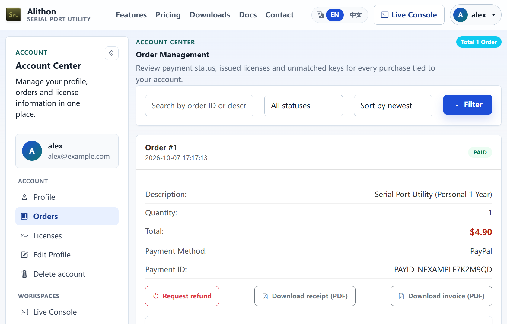 The Order Management page of the account center: Orders is selected in the left navigation, and a paid order on the right lists its description, quantity, a total of $4.90, PayPal as the payment method and the payment ID; under the details are a red-outlined Request refund button, Download receipt (PDF) and Download invoice (PDF)