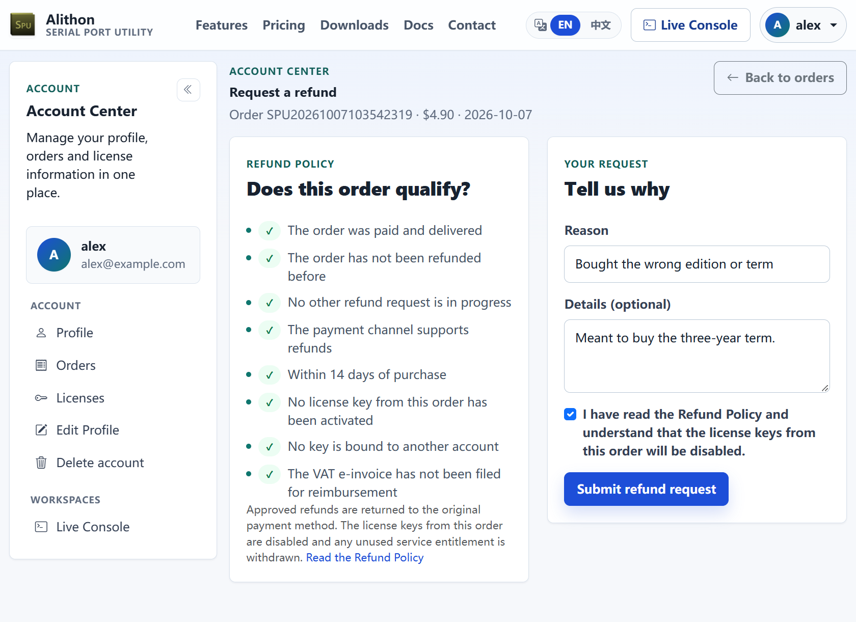 The Request a refund page: under the title are the order number, the $4.90 amount and the order date; the Does this order qualify? panel on the left lists eight checks, all ticked, with a note that approved refunds return to the original payment method and the license keys are disabled; in the Tell us why panel on the right the reason is Bought the wrong edition or term, the details say the buyer meant to buy the three-year term, the Refund Policy box is ticked, and the Submit refund request button is at the bottom