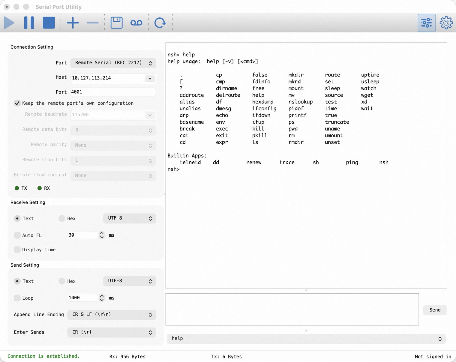 Port set to Remote Serial (RFC 2217) with host 10.127.113.214 and port 4001, with the device response on the right