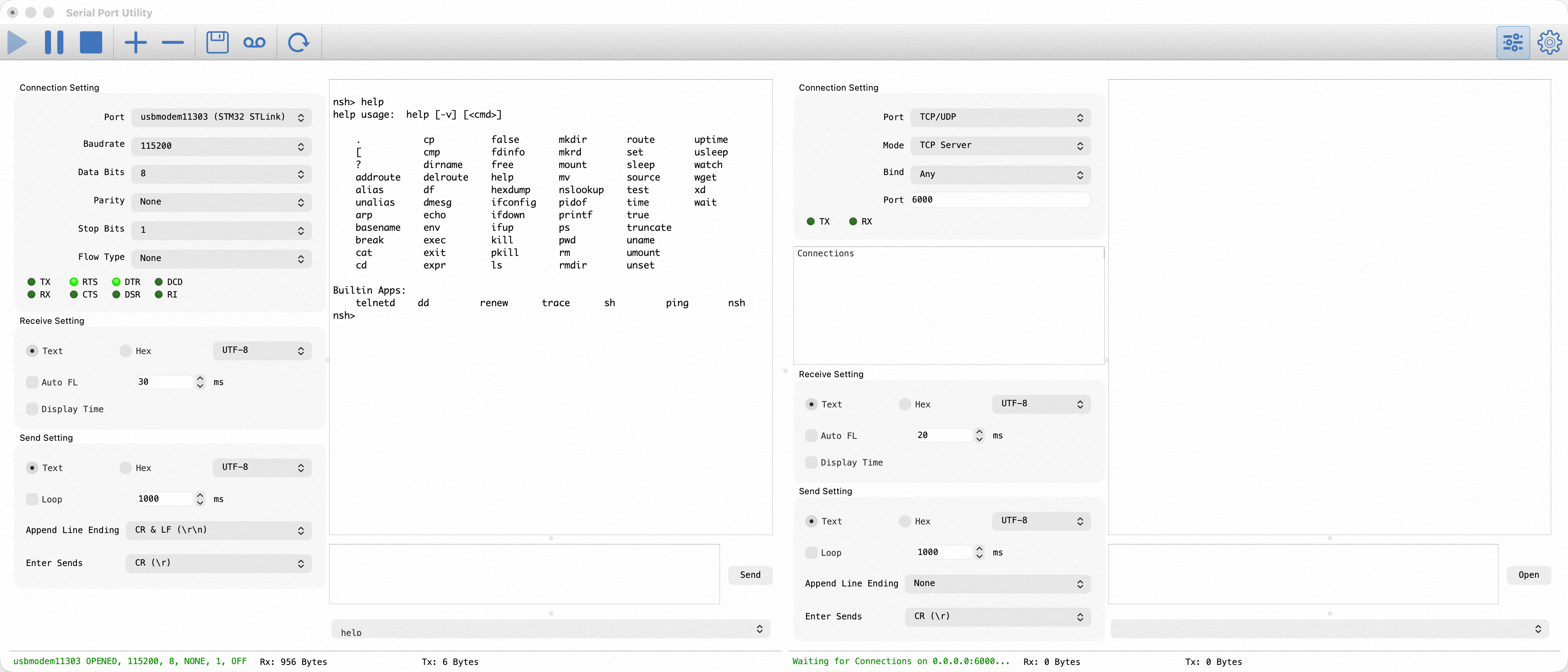 Multi-port workspace: the left connection has usbmodem11303 open and shows the device's reply, the right connection is TCP/UDP with Mode set to TCP Server, Bind Any and Port 6000, and the status bar reports waiting for connections on 0.0.0.0:6000