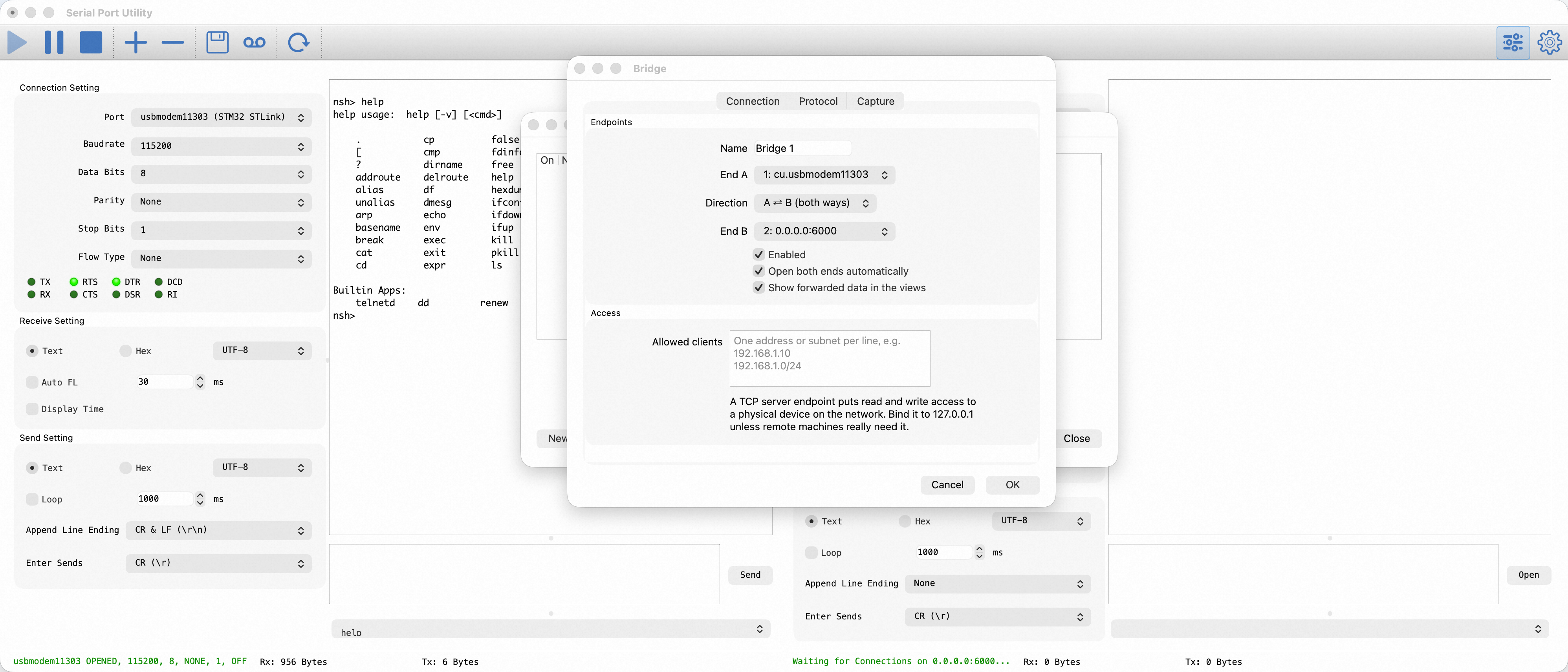 Bridge dialog Connection tab named Bridge 1, with End A set to 1: cu.usbmodem11303, Direction A to B both ways, End B set to 2: 0.0.0.0:6000, Enabled and Open both ends automatically ticked, and an Access section whose Allowed clients box takes one address or subnet per line