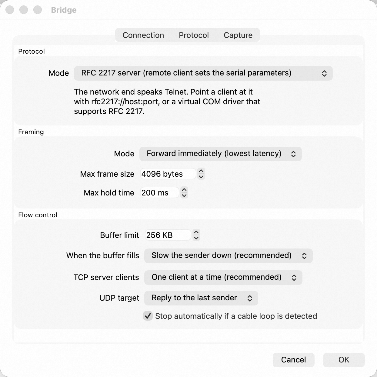 Bridge dialog Protocol tab with Mode set to RFC 2217 server (remote client sets the serial parameters), noting that clients connect with rfc2217://host:port or a virtual COM driver, Framing set to Forward immediately, and TCP server clients set to One client at a time