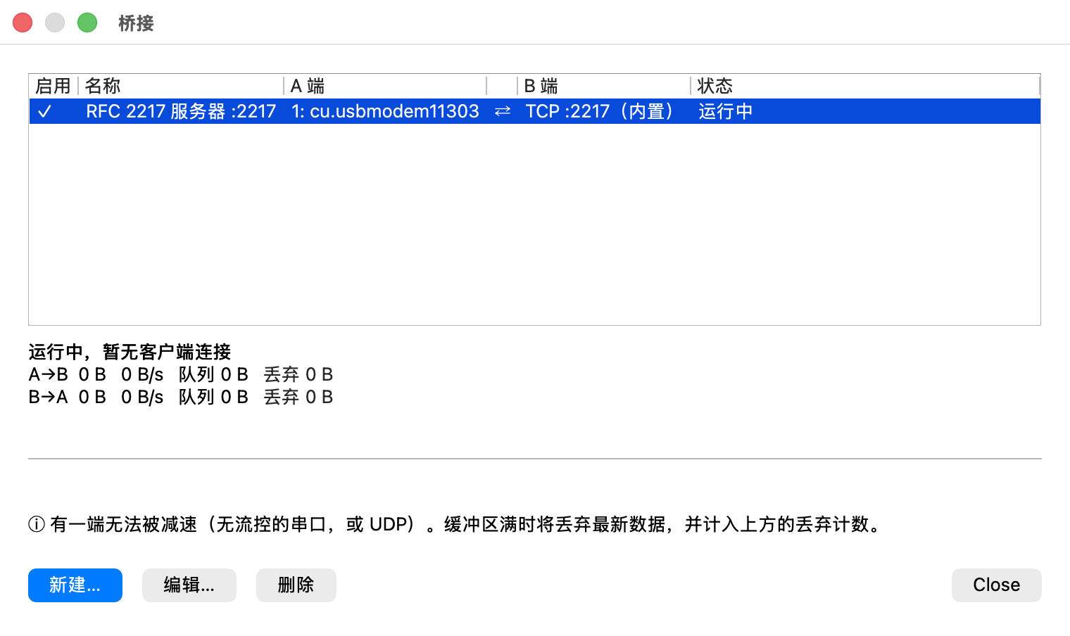 桥接窗口里的一条链路：名称 RFC 2217 服务器 :2217，A 端 1: cu.usbmodem11303，B 端 TCP :2217（内置），状态运行中；下方状态行写「运行中，暂无客户端连接」，两个方向的流量与丢弃计数均为 0