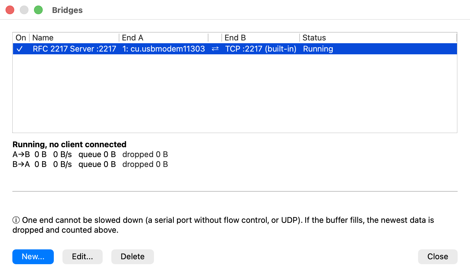 The Bridges window with one link: RFC 2217 Server :2217, End A 1: cu.usbmodem11303, End B TCP :2217 (built-in), status Running, and a state line reading Running, no client connected above zeroed traffic and dropped counters for both directions