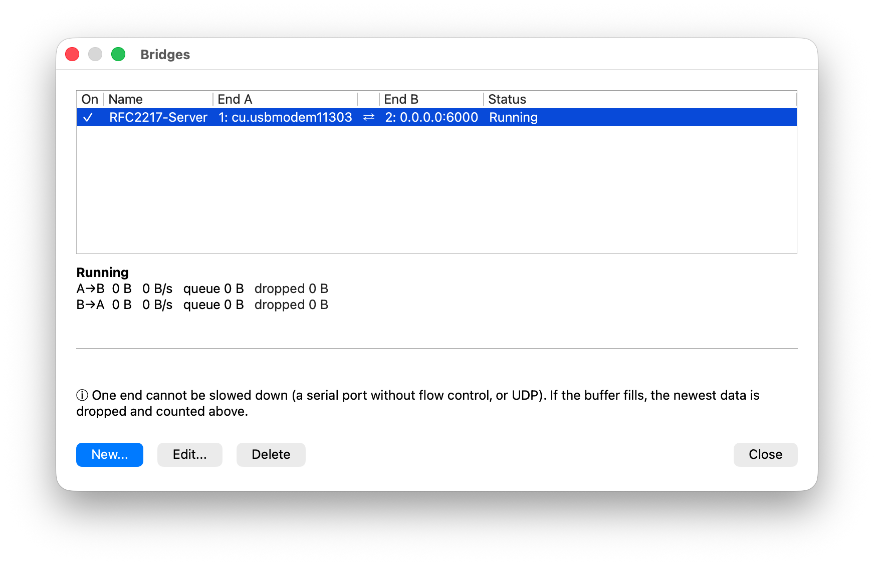 Bridge manager showing RFC2217-Server as Running, with traffic and dropped counters for both directions
